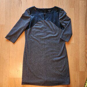 Tahari Chevron Twill Dress 3/4 Sleeve Faux Leather Work Edgy Minimalist Sz 10
